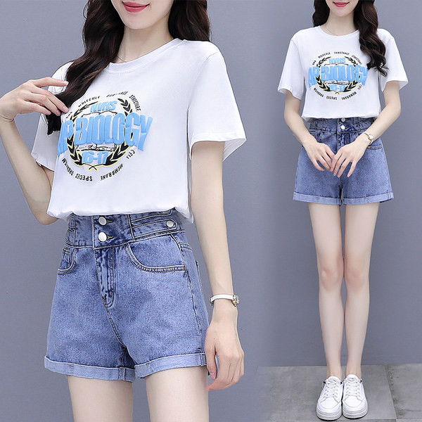 Set casual de vara de dama din doua bucati de pantaloni scurti din denim si un tricou