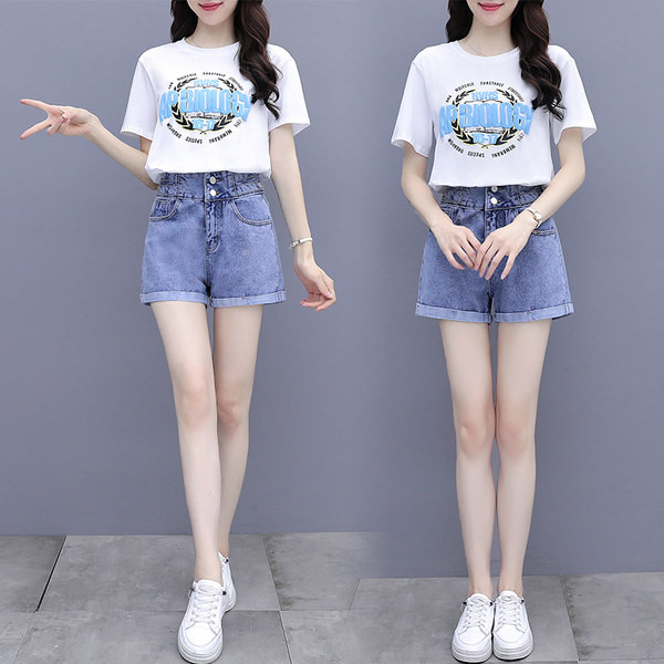 Set casual de vara de dama din doua bucati de pantaloni scurti din denim si un tricou