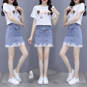 Set casual dama de tricou si fusta din denim cu dantela