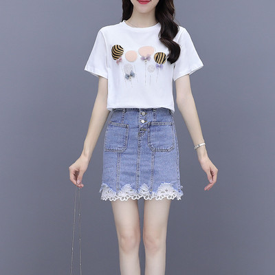 Set casual dama de tricou si fusta din denim cu dantela