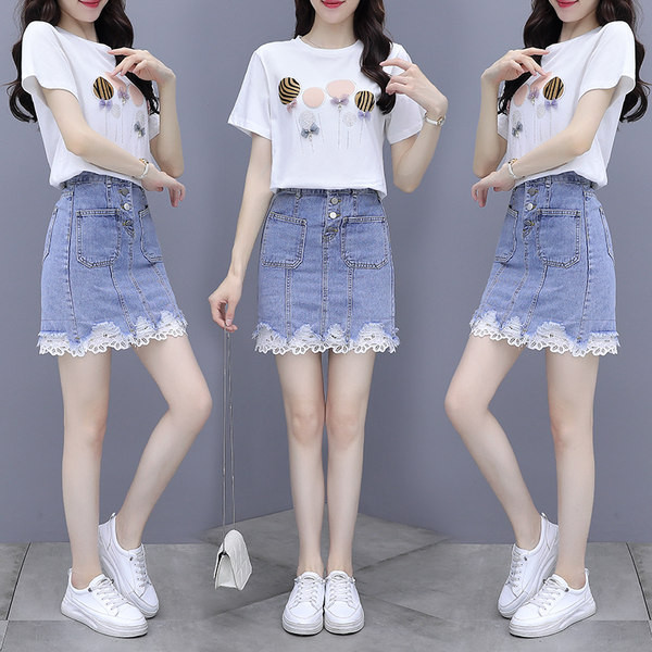 Set casual dama de tricou si fusta din denim cu dantela