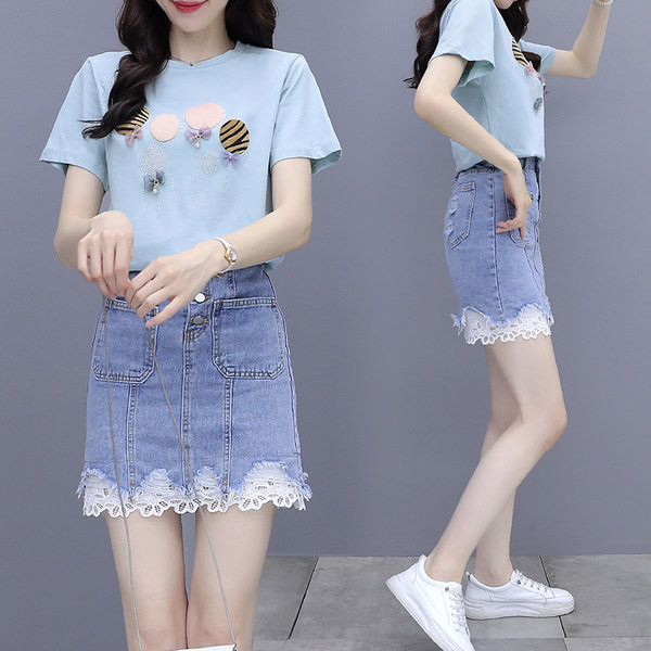 Set casual dama de tricou si fusta din denim cu dantela