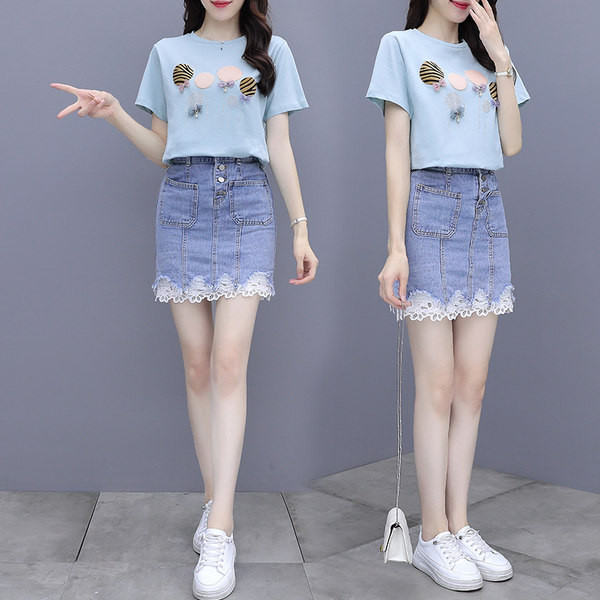 Set casual dama de tricou si fusta din denim cu dantela