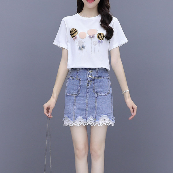 Set casual dama de tricou si fusta din denim cu dantela