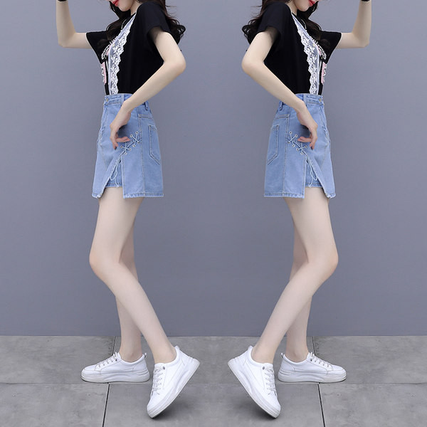 Νέο μοντέλο γυναικείο σετ μπλούζας με δαντέλα και τζιν φούστα