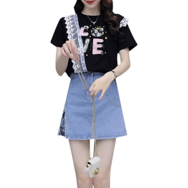 Νέο μοντέλο γυναικείο σετ μπλούζας με δαντέλα και τζιν φούστα