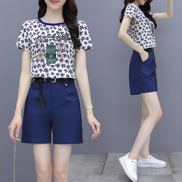 Set casual de tricou din două piese cu mâneci scurte și pantaloni scurți pentru femei