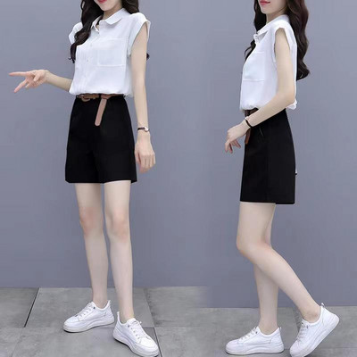 Sieviešu kreklu komplekts ar kabatām un vasarai piemērotas bikses ar augstu vidukli