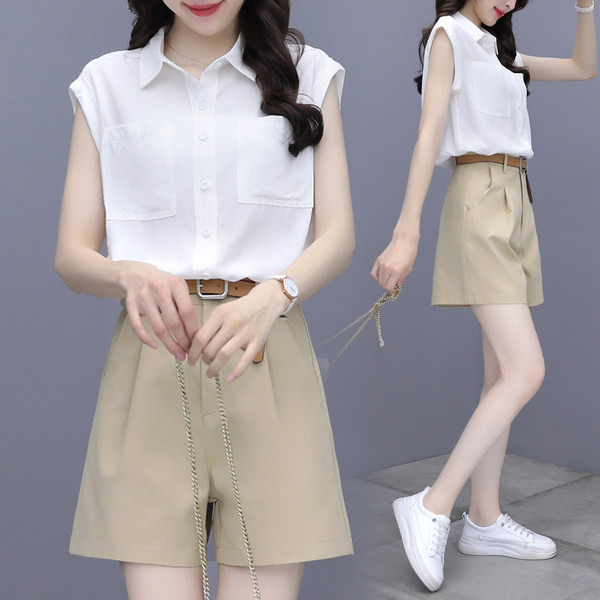 Sieviešu kreklu komplekts ar kabatām un vasarai piemērotas bikses ar augstu vidukli