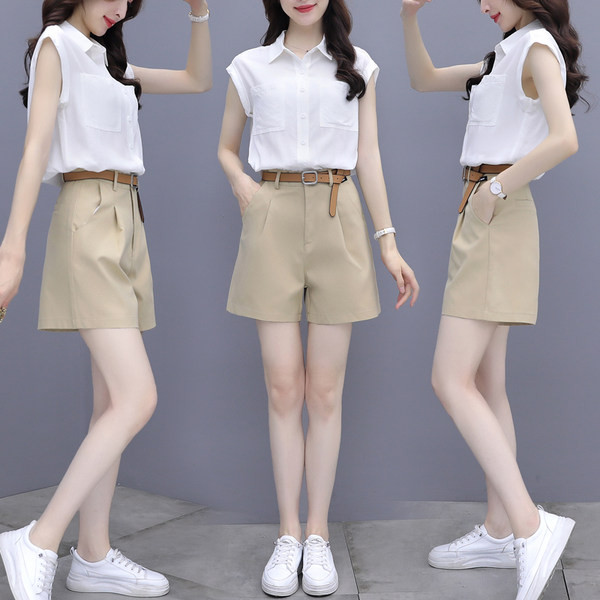 Sieviešu kreklu komplekts ar kabatām un vasarai piemērotas bikses ar augstu vidukli