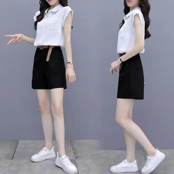 Sieviešu kreklu komplekts ar kabatām un vasarai piemērotas bikses ar augstu vidukli