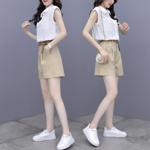 Sieviešu kreklu komplekts ar kabatām un vasarai piemērotas bikses ar augstu vidukli