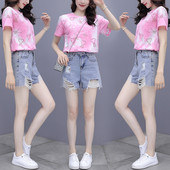 Set casual de tricou din doua piese cu inimioare si pantaloni scurti din denim cu motive rupte