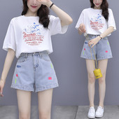 Set de damă model nou din două părți tricou cu decolteu rotund și pantaloni scurți din denim