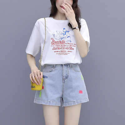 Set de damă model nou din două părți tricou cu decolteu rotund și pantaloni scurți din denim