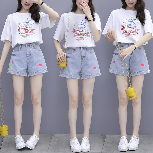 Set de damă model nou din două părți tricou cu decolteu rotund și pantaloni scurți din denim