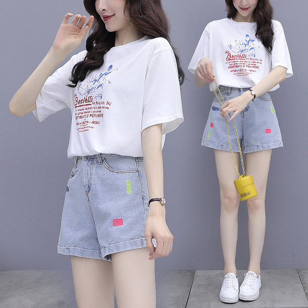 Set de damă model nou din două părți tricou cu decolteu rotund și pantaloni scurți din denim