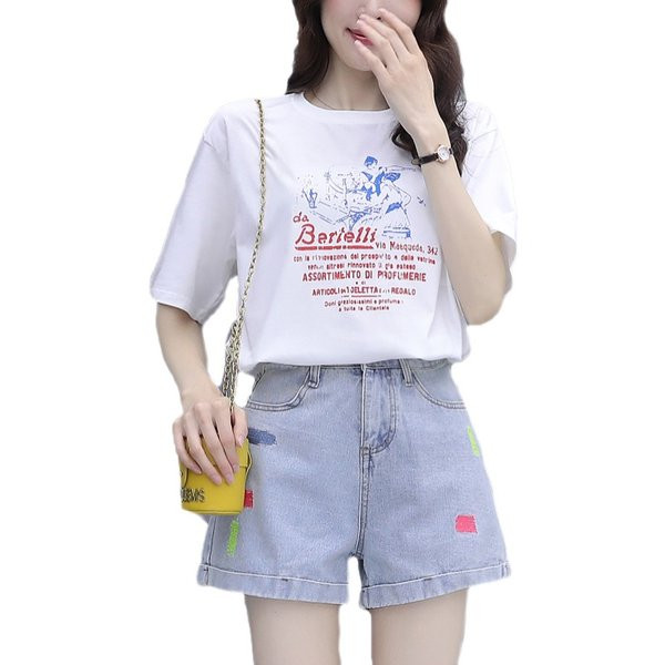 Set de damă model nou din două părți tricou cu decolteu rotund și pantaloni scurți din denim