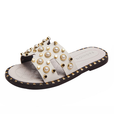 Модерни детски чехли с перли и равна подметка