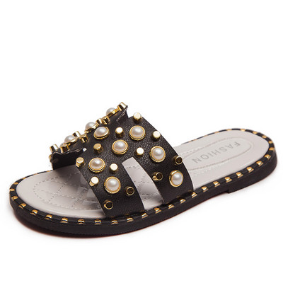 Модерни детски чехли с перли и равна подметка