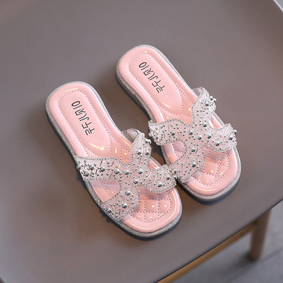 Šiuolaikinės vaikiškos šlepetės su akmenukais ir lygiu padu