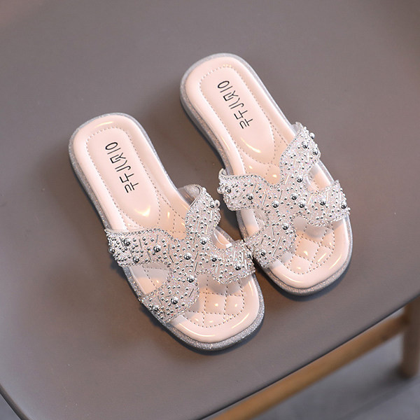 Šiuolaikinės vaikiškos šlepetės su akmenukais ir lygiu padu