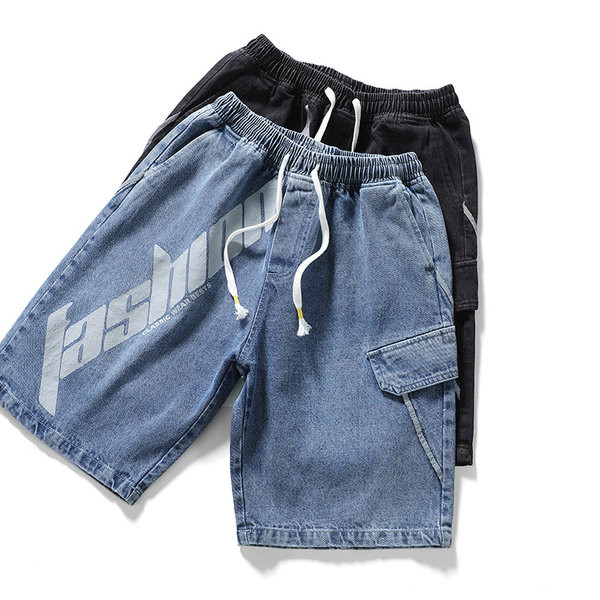 Teksapüksid elastse vöökoha ja kirjaga