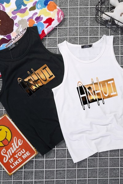 Ανδρική αμάνικη μπλούζα με επιγραφή και φαρδιές τιράντες