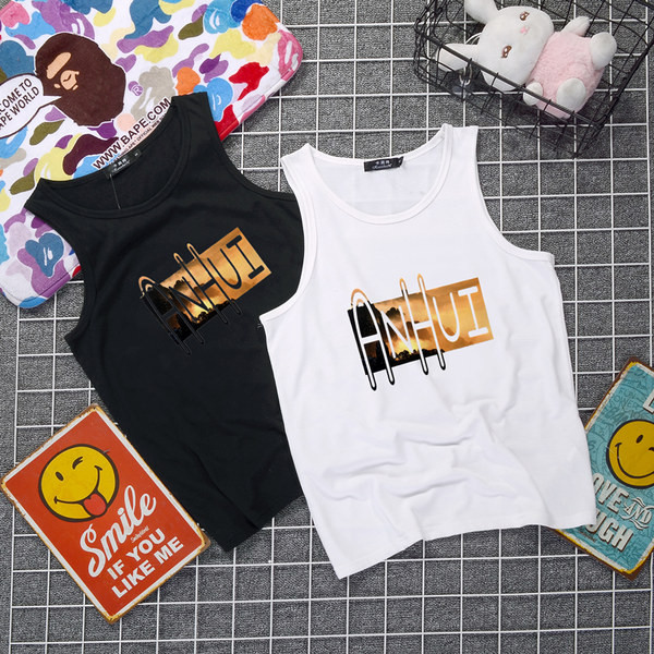 Ανδρική αμάνικη μπλούζα με επιγραφή και φαρδιές τιράντες