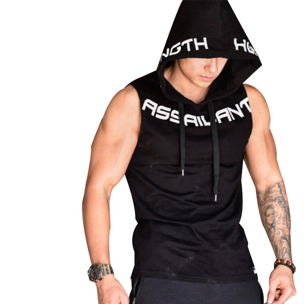 Ανδρική αμάνικη μπλούζα με επιγραφή και κουκούλα