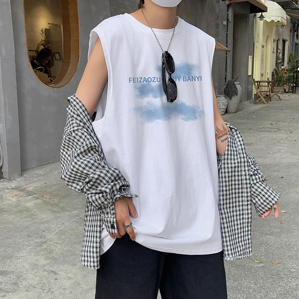 Φαρδύ μοντέλο καλοκαιρινή αμάνικη μπλούζα με επιγραφή