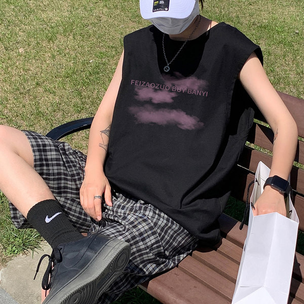 Φαρδύ μοντέλο καλοκαιρινή αμάνικη μπλούζα με επιγραφή