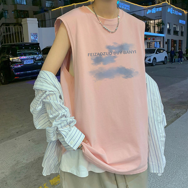 Φαρδύ μοντέλο καλοκαιρινή αμάνικη μπλούζα με επιγραφή