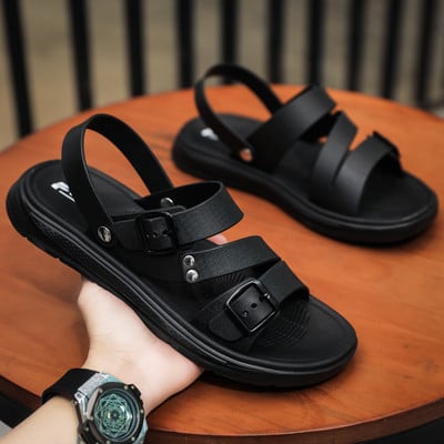 Casual men`s sandals with leather straps