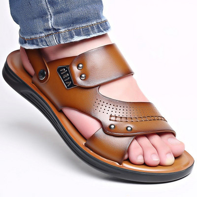 Ανδρικά καλοκαιρινά δερμάτινα σανδάλια με μεταλλικό στοιχείο