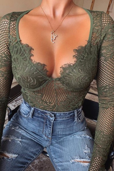 Női csipke body V-nyakú és hosszú ujjú