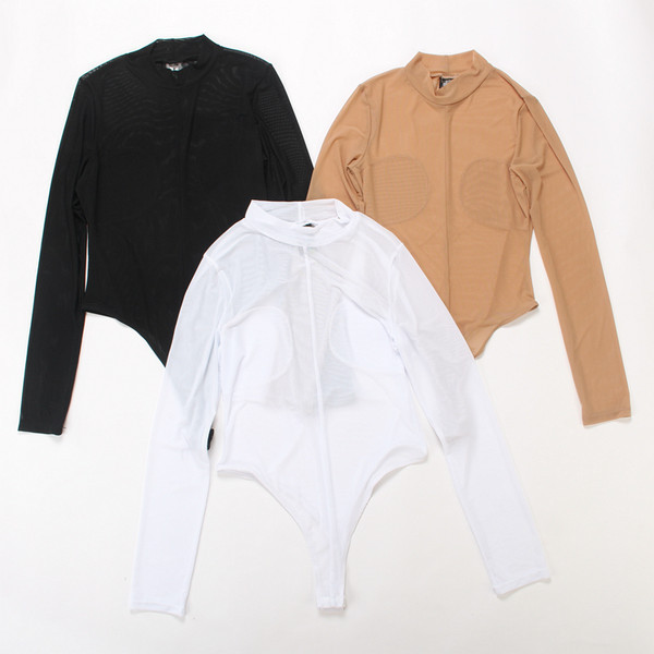 Sieviešu caurspīdīgs bodijs ar garām piedurknēm un augstu apkakli