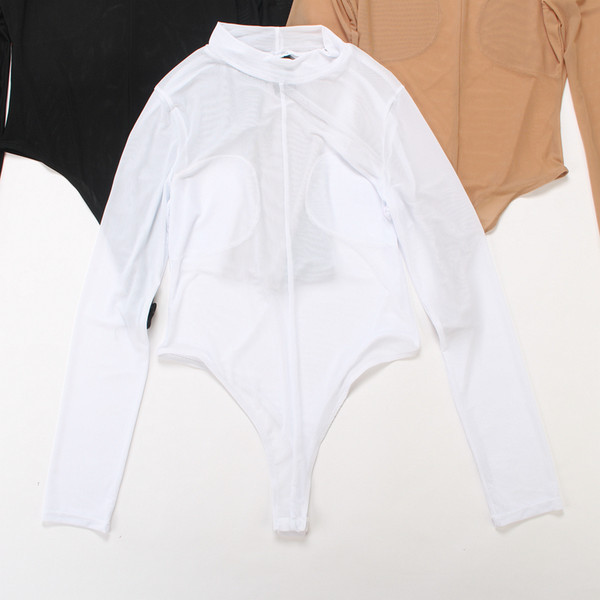 Sieviešu caurspīdīgs bodijs ar garām piedurknēm un augstu apkakli