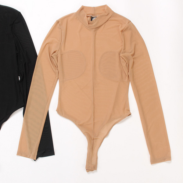 Sieviešu caurspīdīgs bodijs ar garām piedurknēm un augstu apkakli