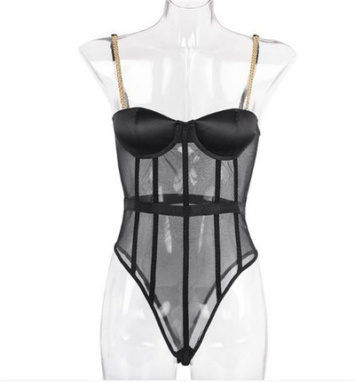 Sieviešu bodijs ar metāla lencēm un caurspīdīgu daļu