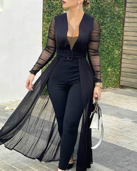 Naiste kaasaegne kombinesoon pikkade varrukatega vöö ja V-kaelusega