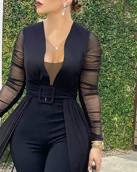 Naiste kaasaegne kombinesoon pikkade varrukatega vöö ja V-kaelusega