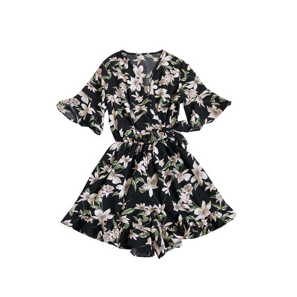 Moderns sieviešu kombinezons ar špica kakla izgriezumu un ziedu motīviem