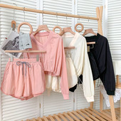 Ikdienas sieviešu divdaļīgas blūzes komplekts ar špica kakla izgriezumu un šortiem