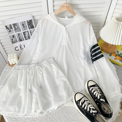 Ikdienas sieviešu blūzes komplekts ar kapuci un šortiem