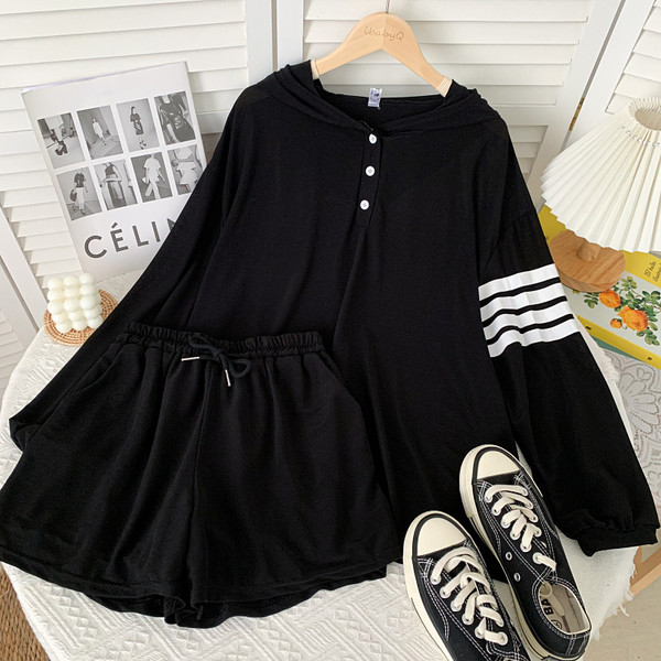 Ikdienas sieviešu blūzes komplekts ar kapuci un šortiem