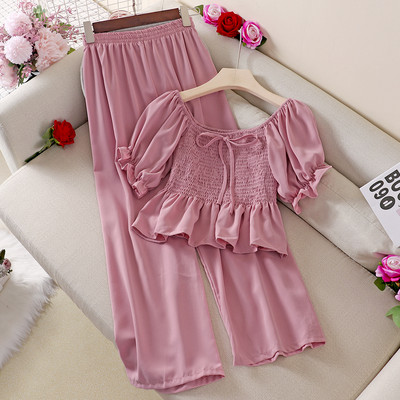 Jauna modeļa sieviešu blūzes komplekts ar apaļu kakla izgriezumu un garām biksēm