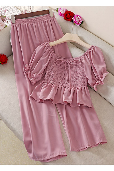 Jauna modeļa sieviešu blūzes komplekts ar apaļu kakla izgriezumu un garām biksēm