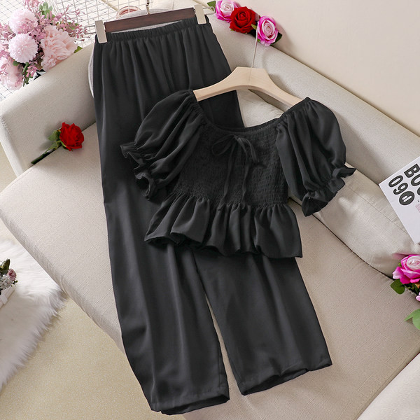 Jauna modeļa sieviešu blūzes komplekts ar apaļu kakla izgriezumu un garām biksēm