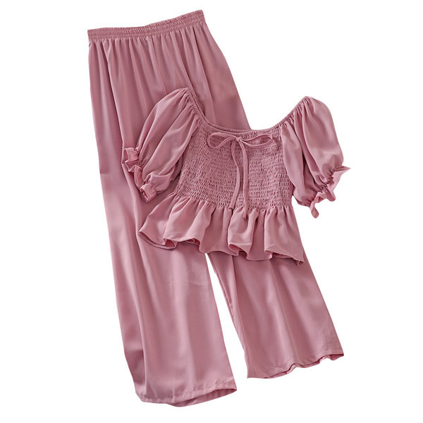 Jauna modeļa sieviešu blūzes komplekts ar apaļu kakla izgriezumu un garām biksēm